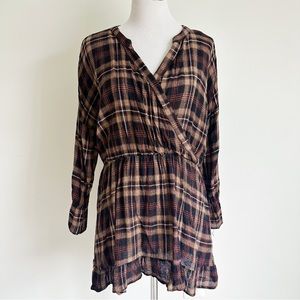 Zara Women’s Brown Plaid Peplum Blouse Top, size Large